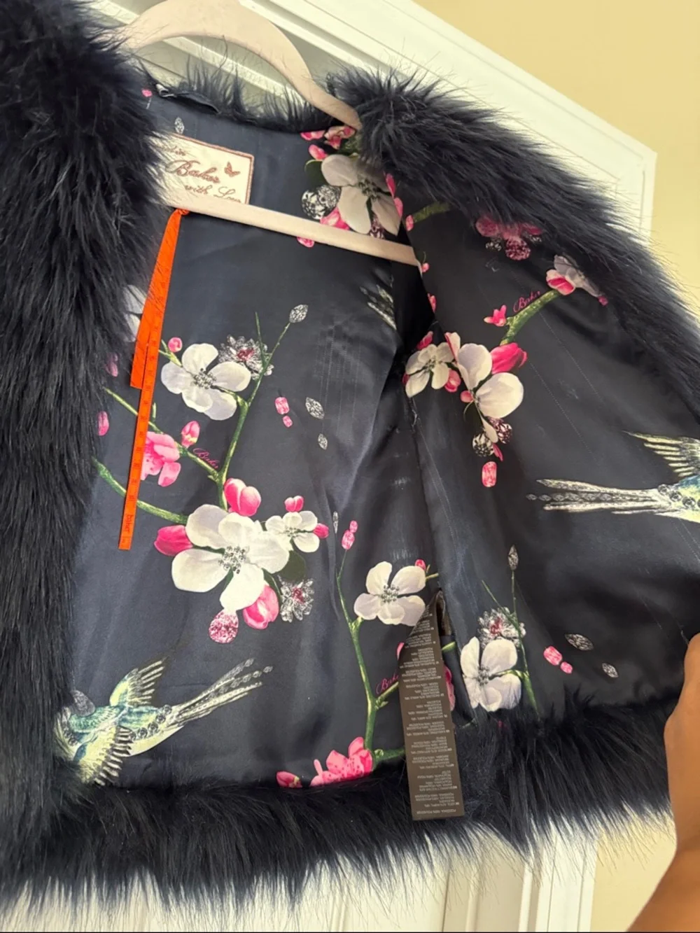 Bakers Black Faux Fur Cape with Floral Lining / Royal Blue - Picture 5 of 9